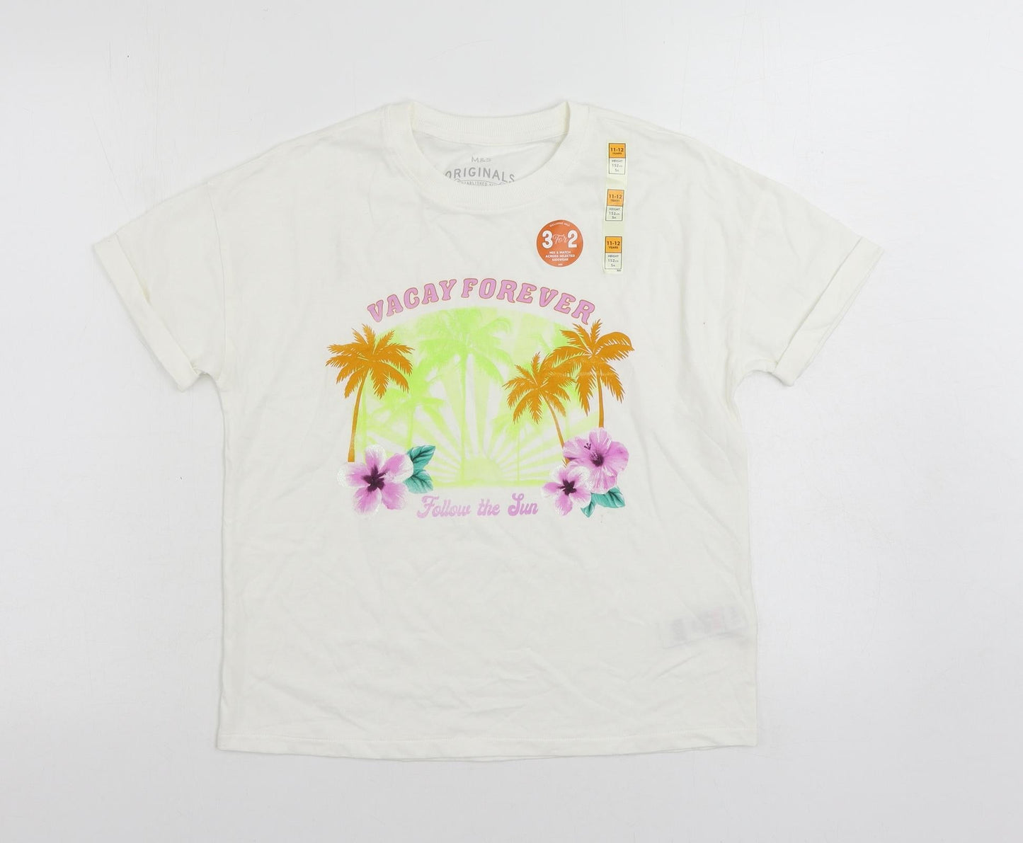 Marks and Spencer Girls Ivory Cotton Pullover T-Shirt Size 11-12 Years Crew Neck - Vacay
