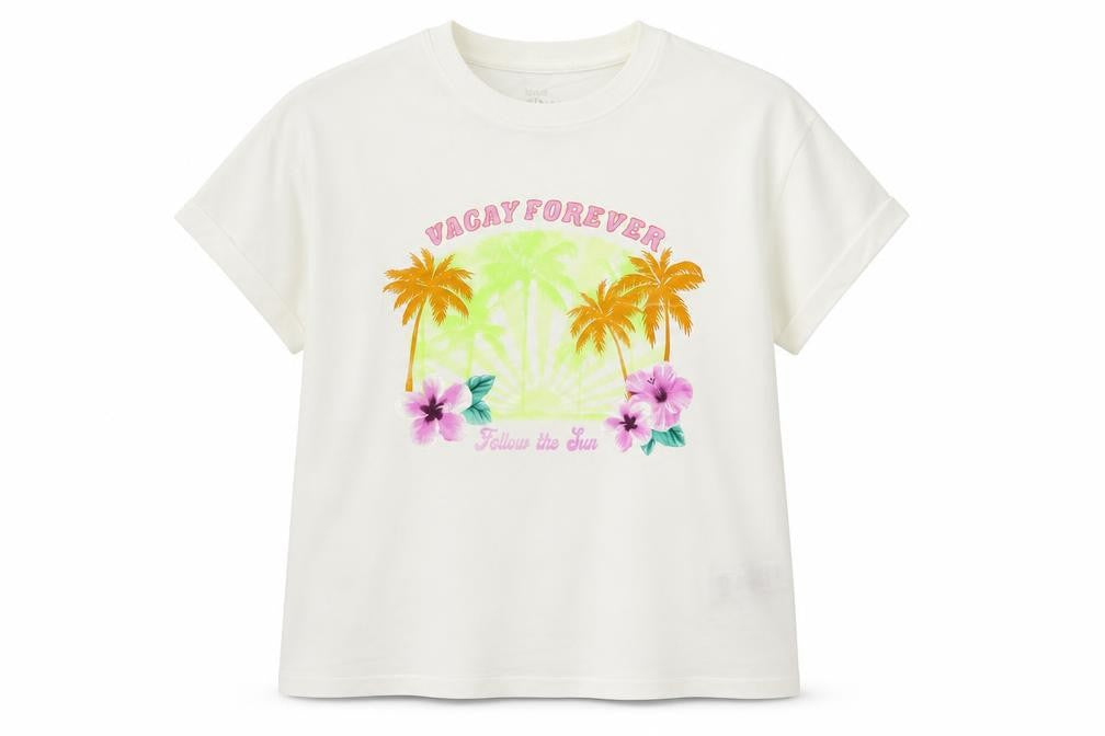 Marks & Spencer Girls Ivory Cotton Pullover T-Shirt Size 11-12 Years Crew Neck - Vacay
