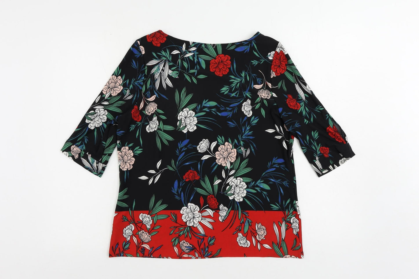 M&Co Womens Black Floral Polyester Basic Blouse Size 12 Boat Neck