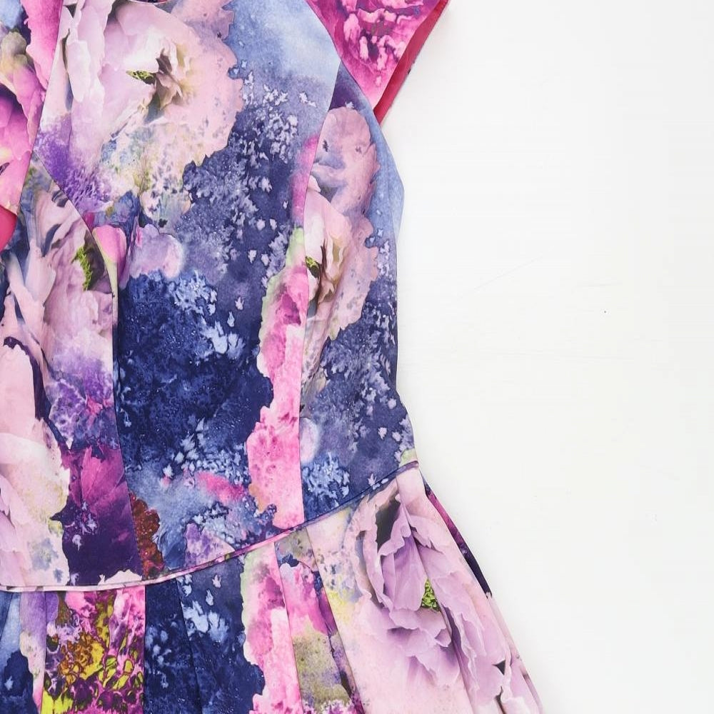 Warehouse Womens Multicoloured Floral Polyester Fit & Flare Size 10 Round Neck Zip - Lined