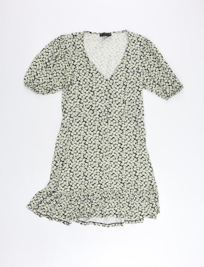 Additional front view of ASOS women’s green floral cotton a-line, size UK 10, v-neck pullover - ruffle