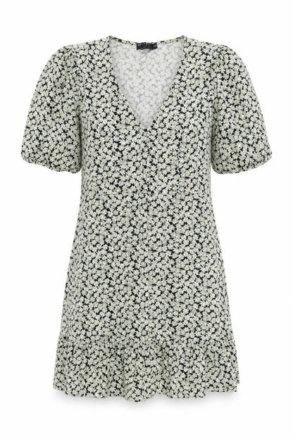 Front view of ASOS women’s green floral cotton a-line, size UK 10, v-neck pullover - ruffle