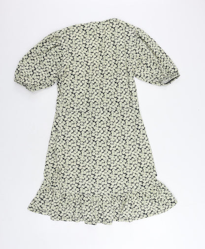 Back view of ASOS women’s green floral cotton a-line, size UK 10, v-neck pullover - ruffle