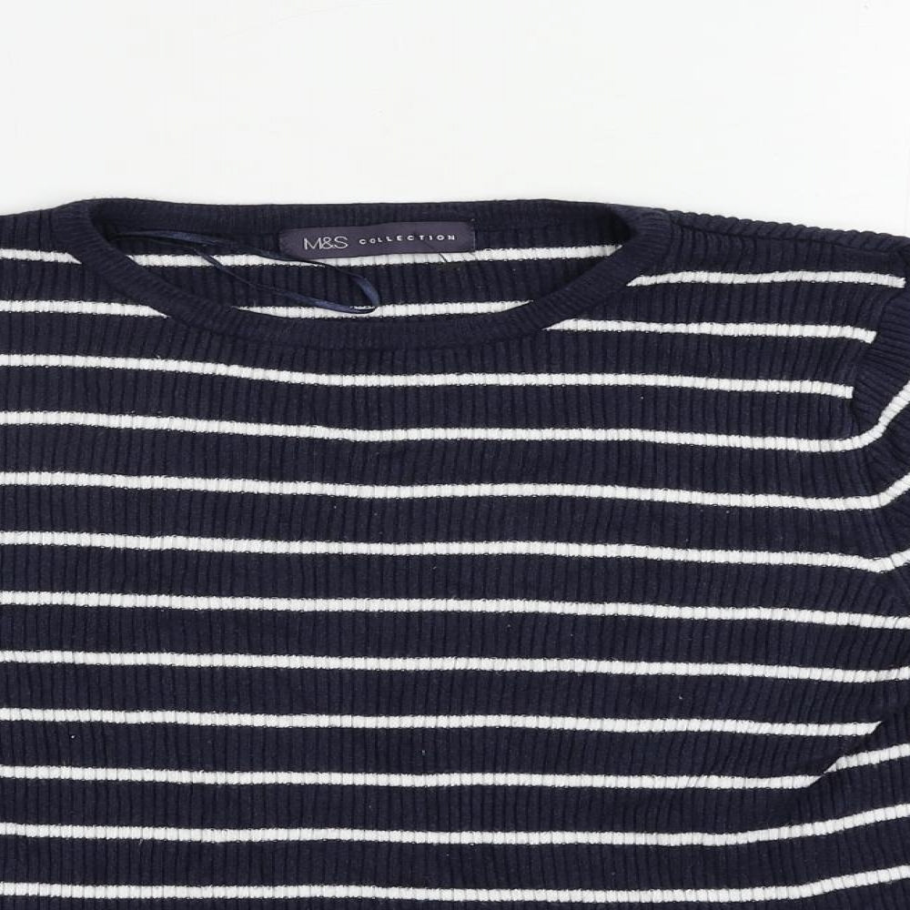 Marks and Spencer Womens Blue Crew Neck Striped Viscose Pullover Jumper Size 14 - Ribbed
