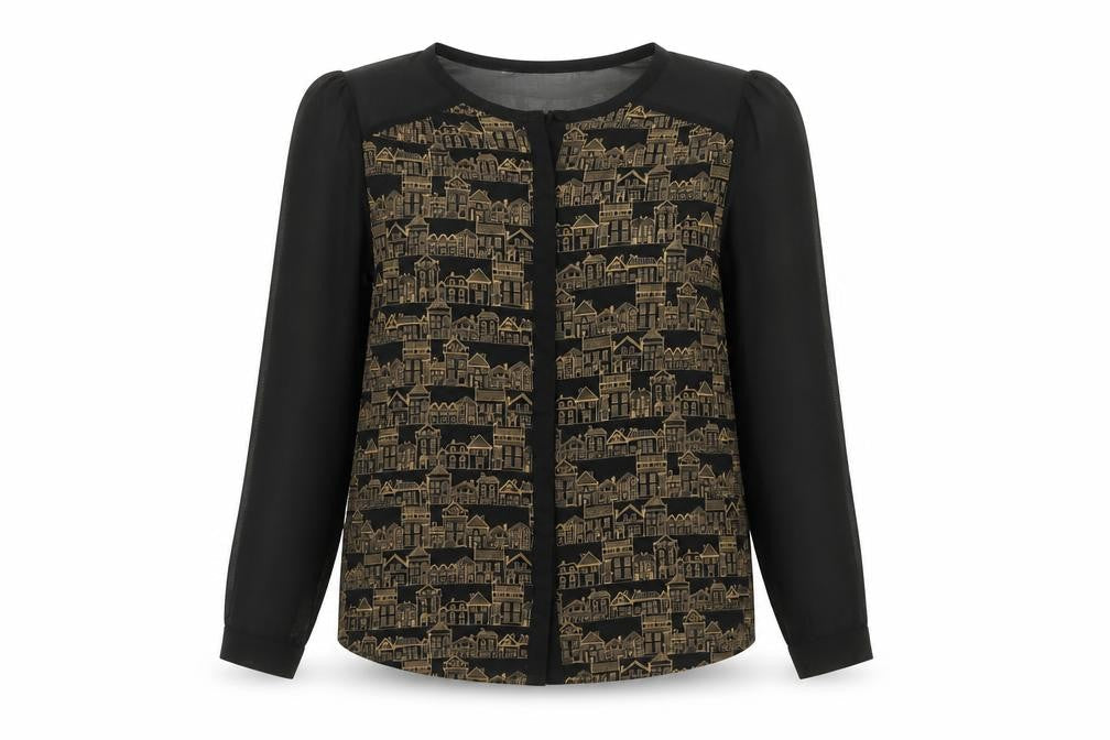 NEXT Womens Black Geometric Viscose Basic Button-Up Size 8 Round Neck - Sheer Sleeves