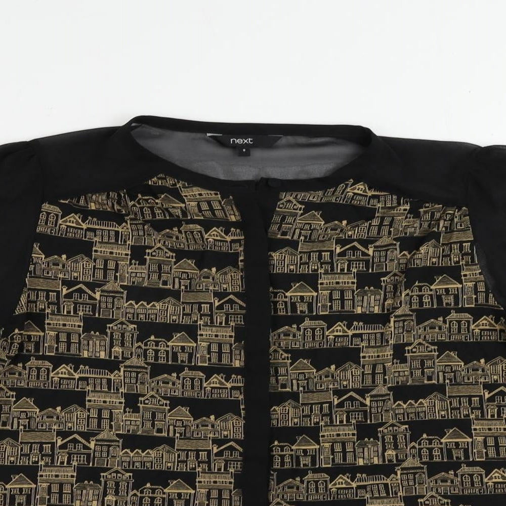 NEXT Womens Black Geometric Viscose Basic Button-Up Size 8 Round Neck - Sheer Sleeves
