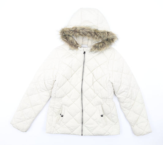 Classic Womens Ivory Quilted Coat Size 10 Zip