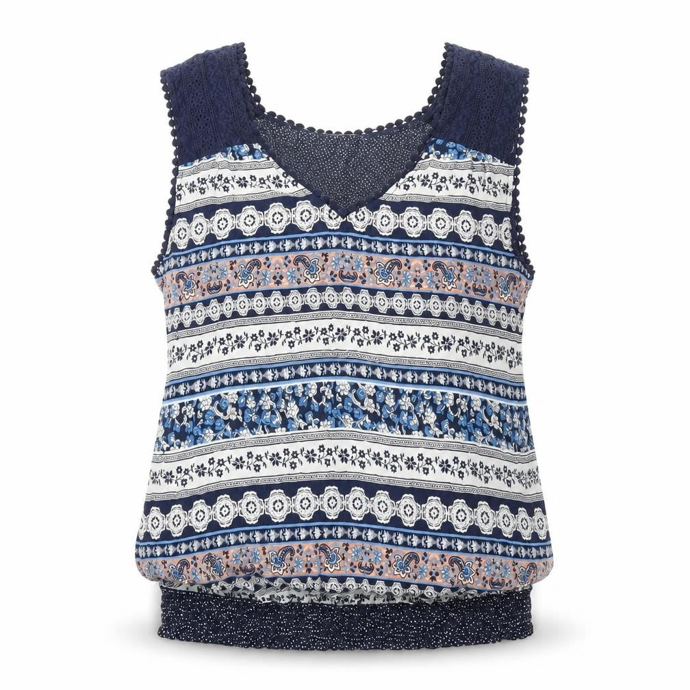 Solitaire Womens Blue Geometric Viscose Basic Tank Size L V-Neck