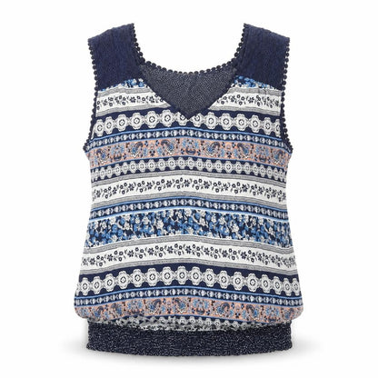 Solitaire Womens Blue Geometric Viscose Basic Tank Size L V-Neck