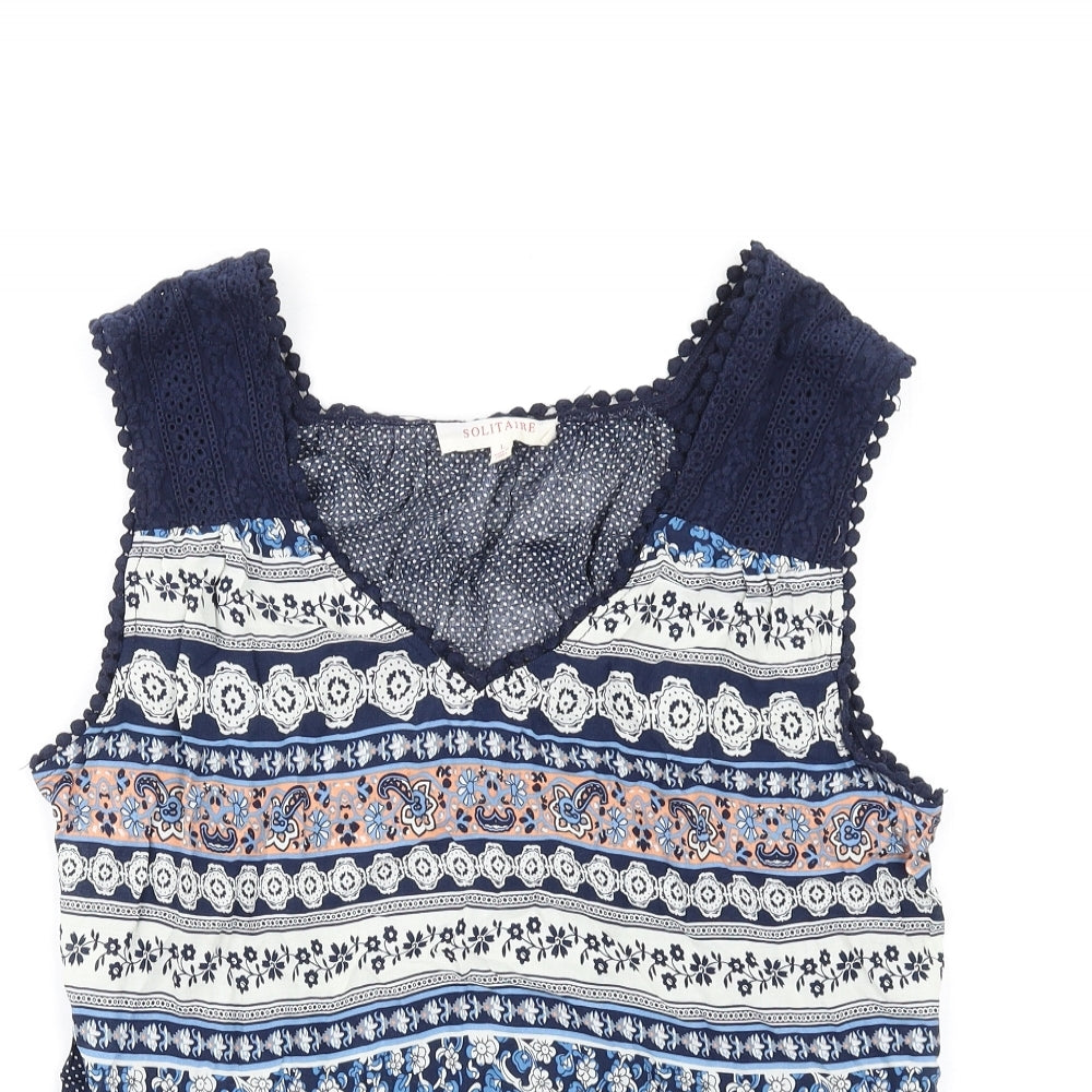 Solitaire Womens Blue Geometric Viscose Basic Tank Size L V-Neck