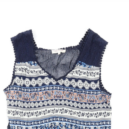 Solitaire Womens Blue Geometric Viscose Basic Tank Size L V-Neck