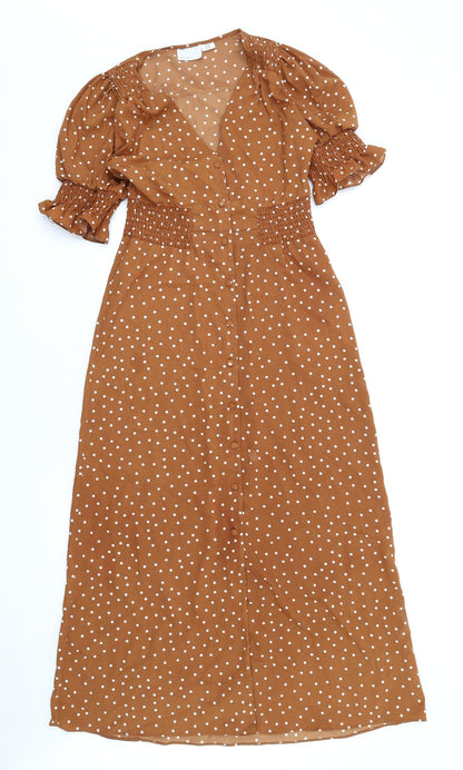 Additional front view of ASOS women’s brown polka dot polyester a-line, size UK 8, v-neck button