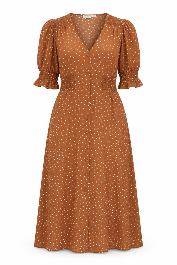 ASOS Womens Brown Polka Dot Polyester A-Line Size 8 V-Neck Button