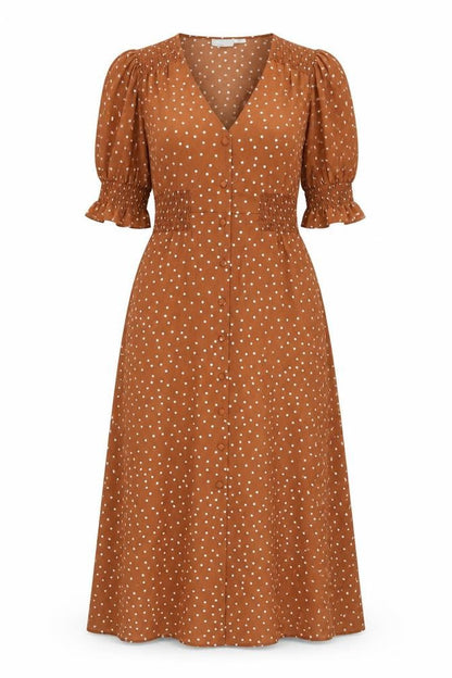 Front view of ASOS women’s brown polka dot polyester a-line, size UK 8, v-neck button