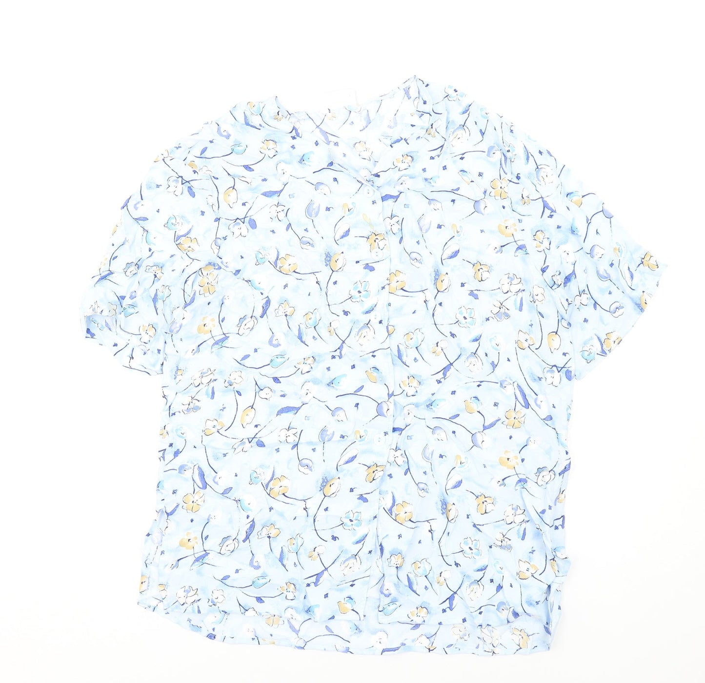 Bianca Womens Blue Floral Polyester Basic Button-Up Size 14 V-Neck