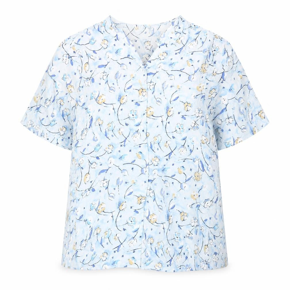 Bianca Womens Blue Floral Polyester Basic Button-Up Size 14 V-Neck