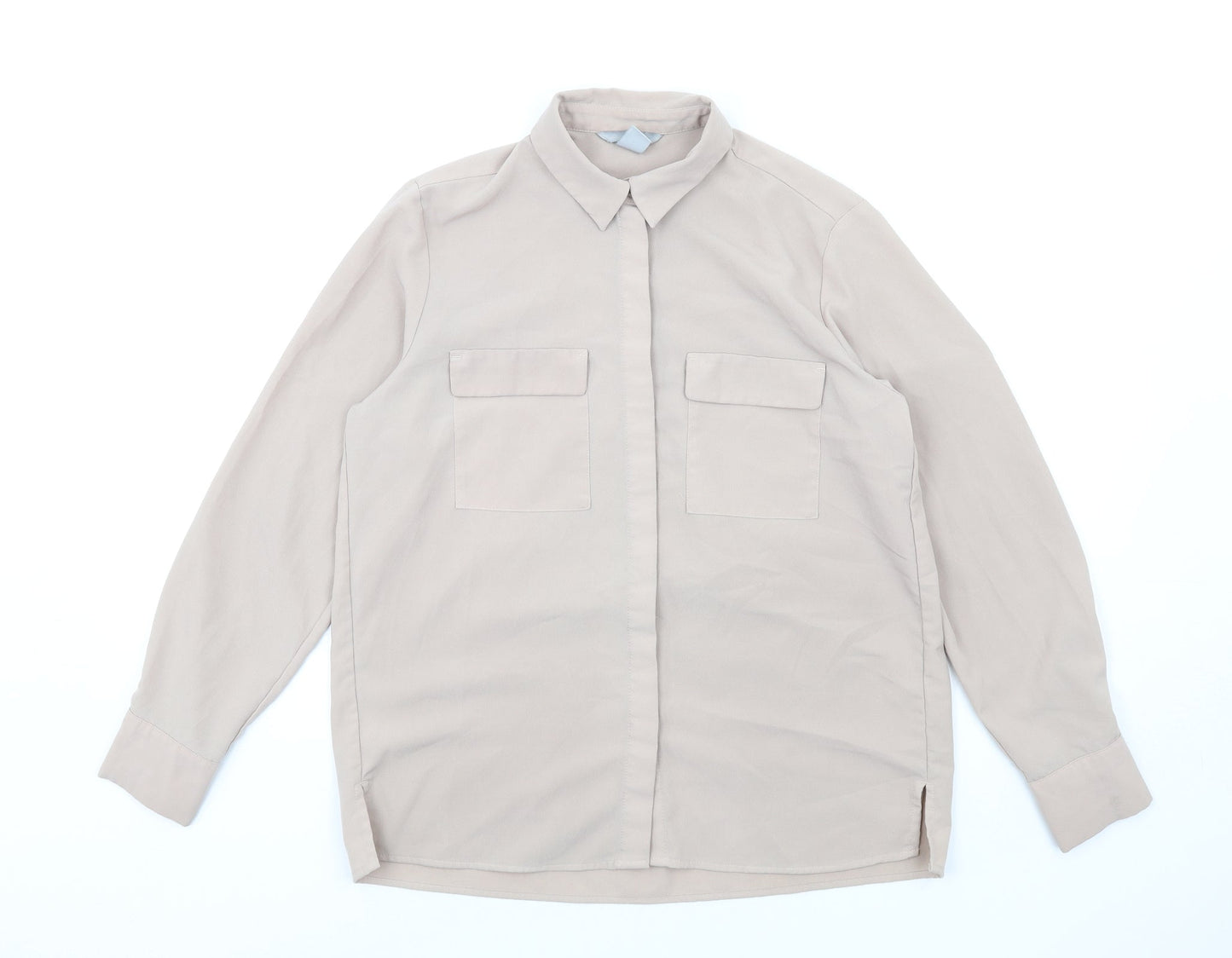 H&M Womens Beige Polyester Basic Button-Up Size 8 Collared