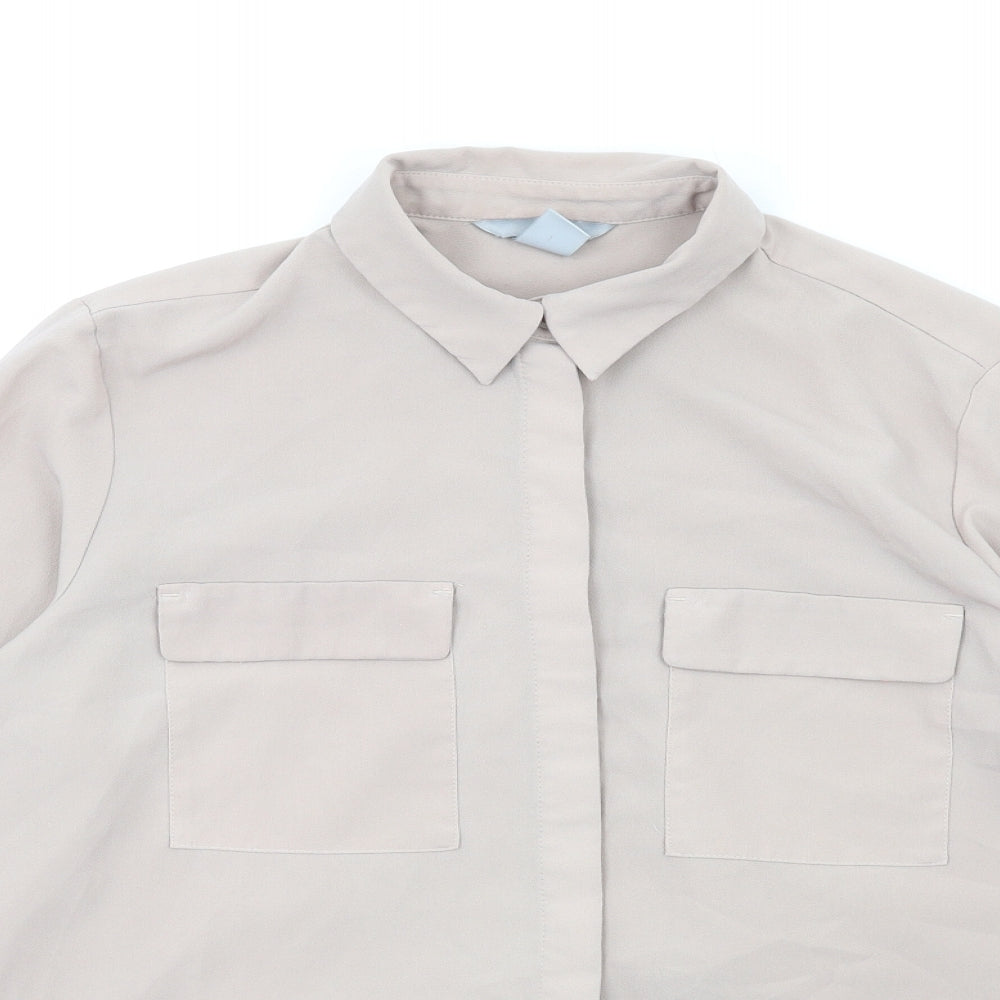 H&M Womens Beige Polyester Basic Button-Up Size 8 Collared