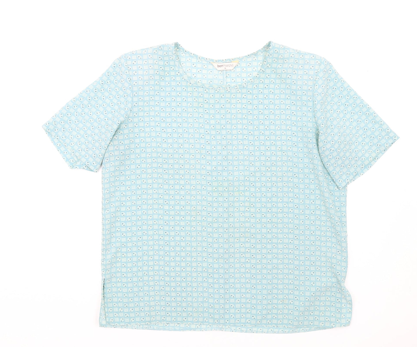 Bonmarché Womens Blue Geometric Polyester Basic T-Shirt Size 16 Round Neck