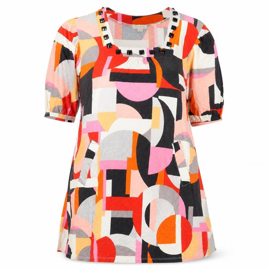 Accessorize Womens Multicoloured Geometric Viscose A-Line Size 10 Square Neck Pullover - Beaded Neckline