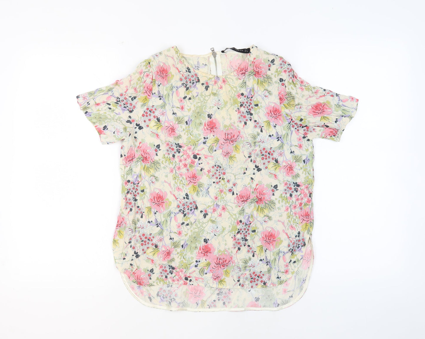 Zara Womens Beige Floral Polyester Basic Blouse Size M Round Neck