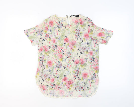 Zara Womens Beige Floral Polyester Basic Blouse Size M Round Neck