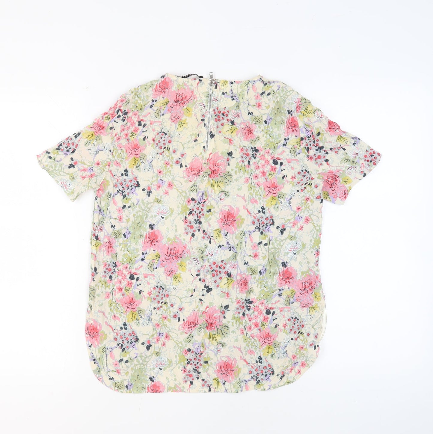 Zara Womens Beige Floral Polyester Basic Blouse Size M Round Neck