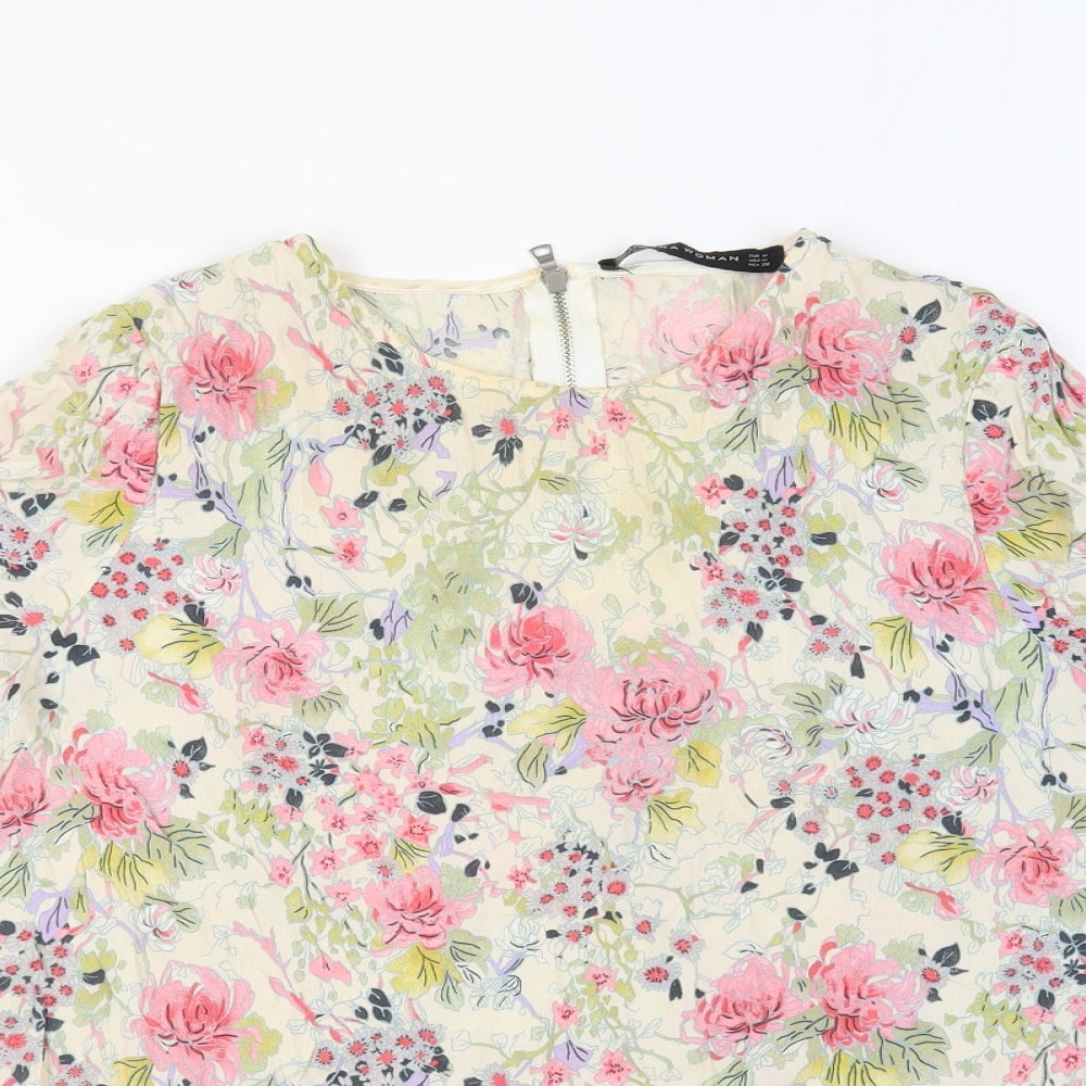 Zara Womens Beige Floral Polyester Basic Blouse Size M Round Neck