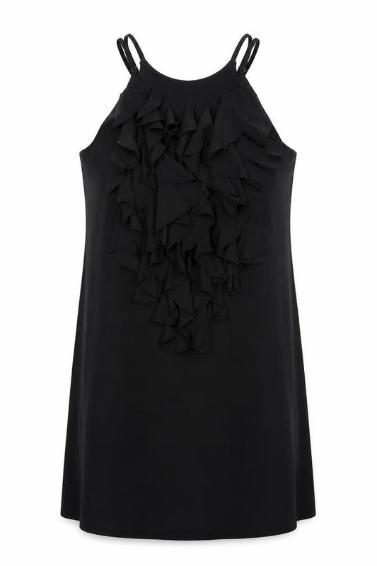 Next Womens Black Viscose Tank Dress Size 10 Round Neck Pullover - Frills Adjustable Straps
