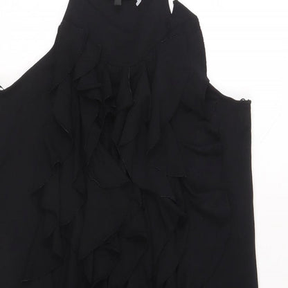 Next Womens Black Viscose Tank Dress Size 10 Round Neck Pullover - Frills Adjustable Straps