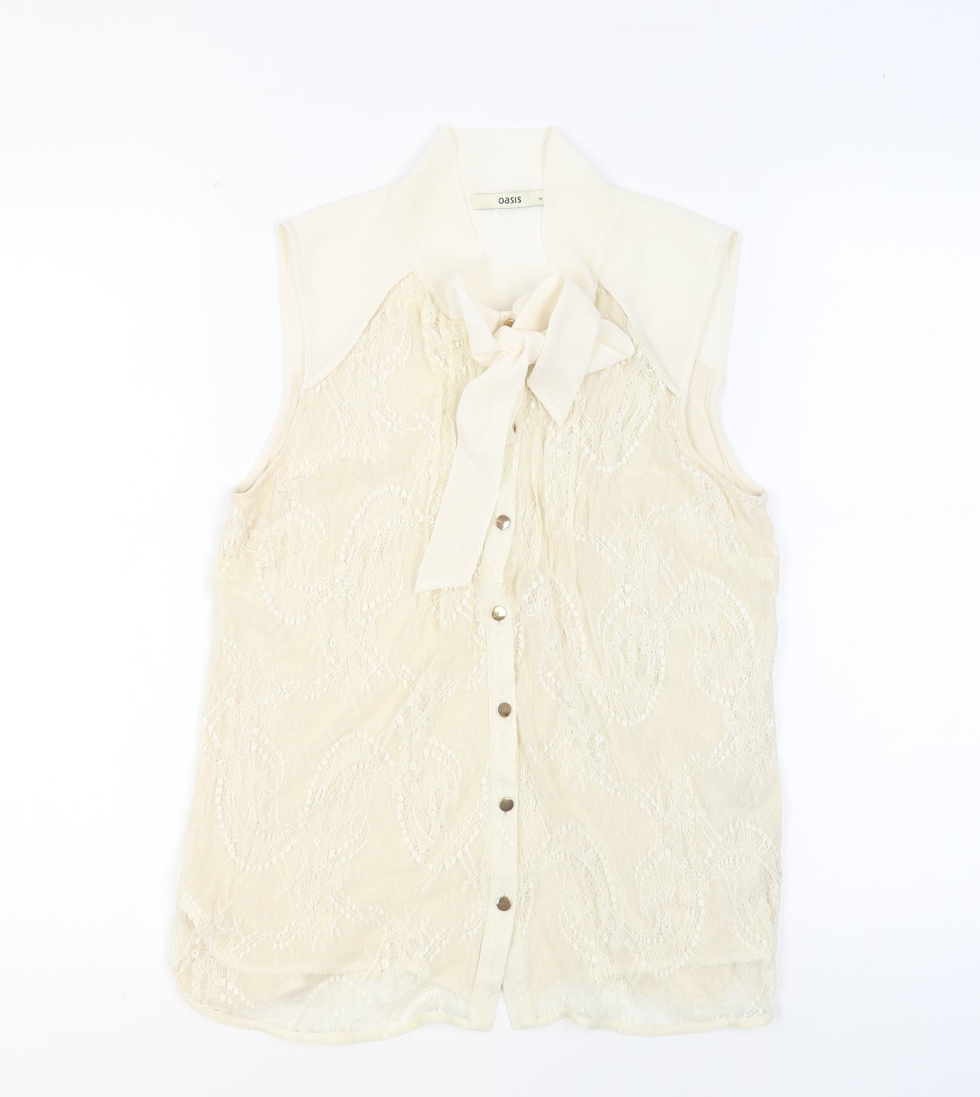 Oasis Womens Beige Polyamide Basic Button-Up Size M Round Neck - Pussy Bow Neck