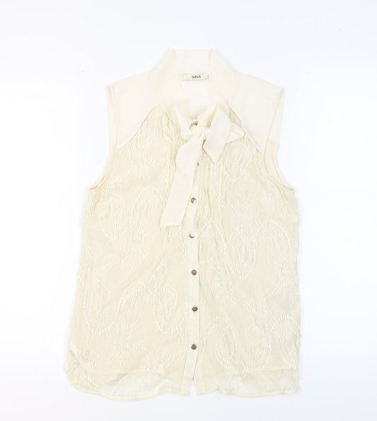 Oasis Womens Beige Polyamide Basic Button-Up Size M Round Neck - Pussy Bow Neck