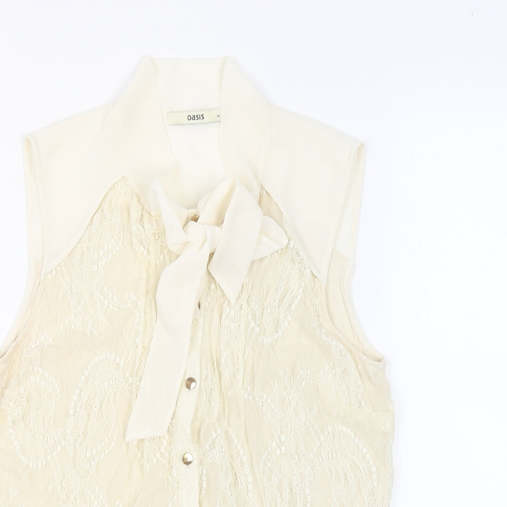 Oasis Womens Beige Polyamide Basic Button-Up Size M Round Neck - Pussy Bow Neck