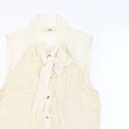 Oasis Womens Beige Polyamide Basic Button-Up Size M Round Neck - Pussy Bow Neck
