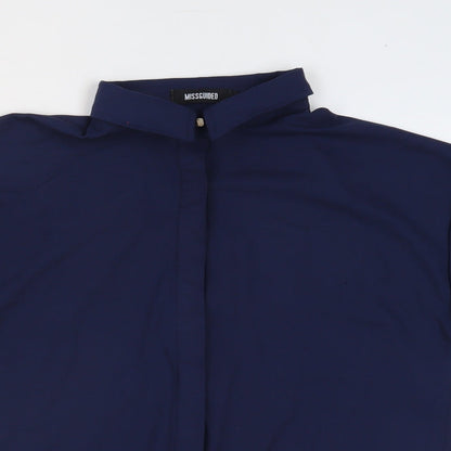 Close-up detail of Missguided women’s blue polyester basic blouse, size UK 8, collared