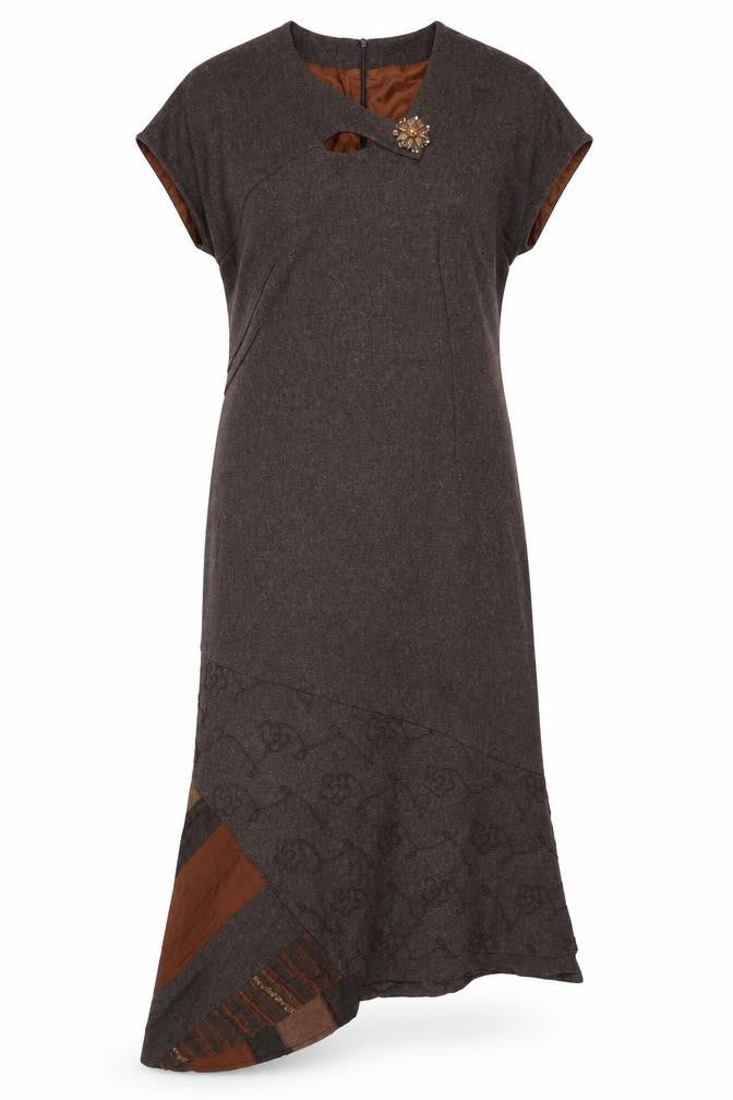 Imprern Design Womens Brown Polyester Shift Size 10 V-Neck Zip - Brooch Included Asymmetrical Hem
