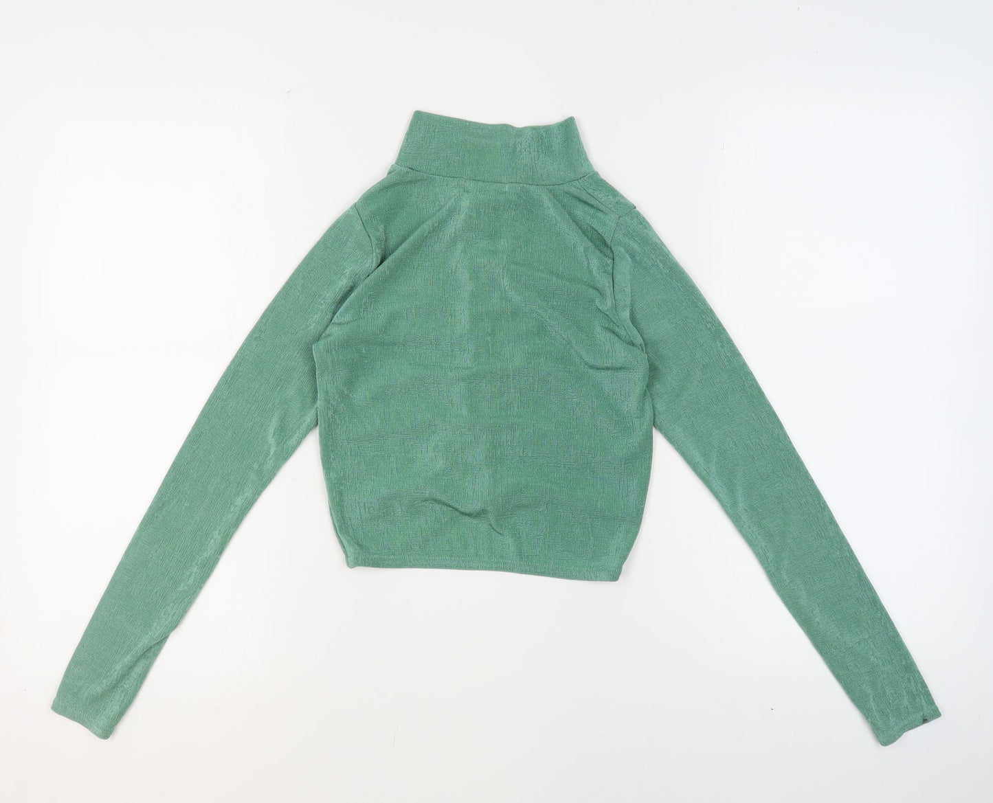 PRETTYLITTLETHING Womens Green Polyester Basic Button-Up Size 6 V-Neck - Ruched Cropped