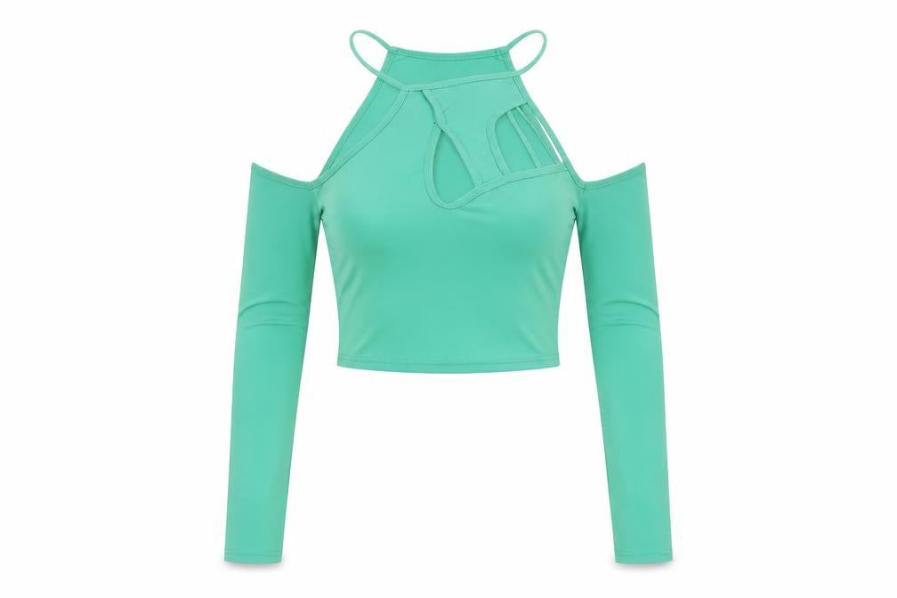 PRETTYLITTLETHING Womens Green Polyester Cropped Blouse Size 8 Halter - Cold Shoulder Cut Outs