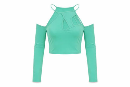 PRETTYLITTLETHING Womens Green Polyester Cropped Blouse Size 8 Halter - Cold Shoulder Cut Outs