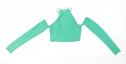 PRETTYLITTLETHING Womens Green Polyester Cropped Blouse Size 8 Halter - Cold Shoulder Cut Outs