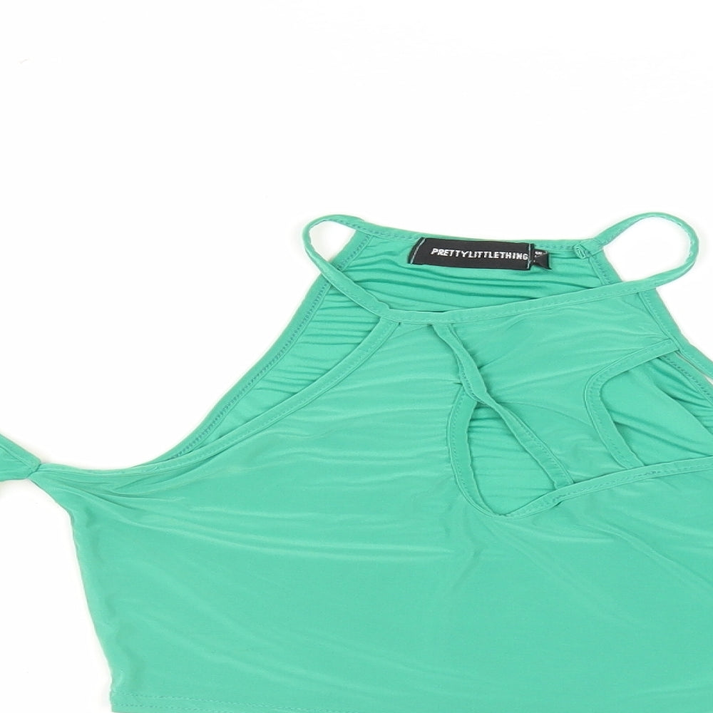 PRETTYLITTLETHING Womens Green Polyester Cropped Blouse Size 8 Halter - Cold Shoulder Cut Outs