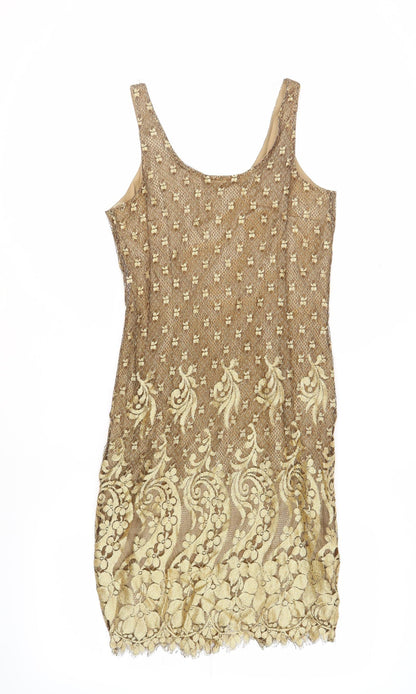Next Womens Gold Viscose Shift Size 10 Round Neck Zip