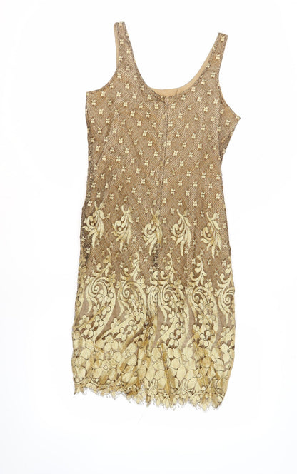 Next Womens Gold Viscose Shift Size 10 Round Neck Zip