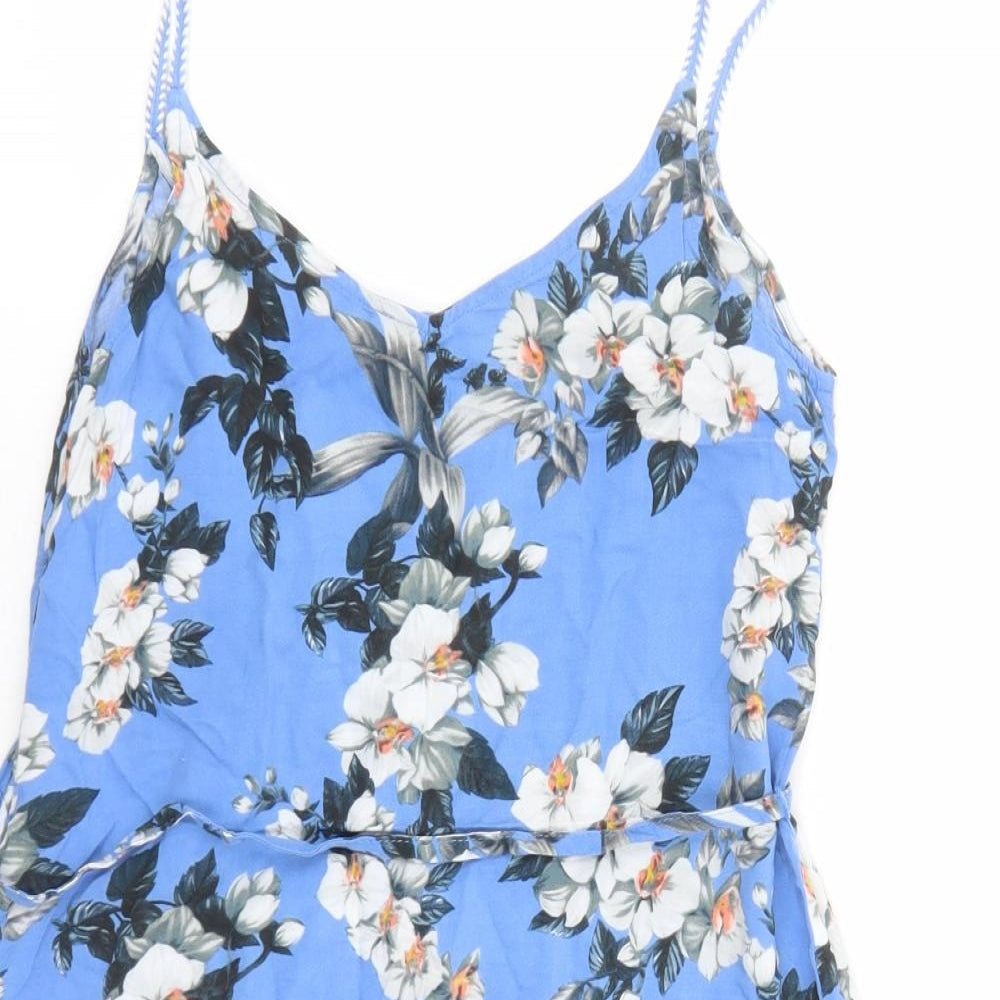 Oasis Womens Blue Floral Viscose Slip Dress Size XS V-Neck Pullover - Belted