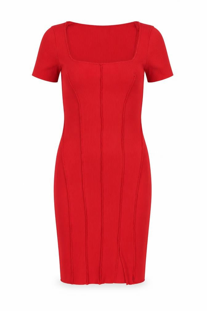 PRETTYLITTLETHING Womens Red Polyester Bodycon Size 8 Square Neck Pullover