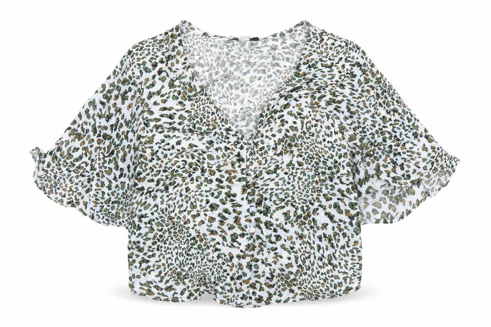 Topshop Womens Blue Animal Print Viscose Basic Button-Up Size 8 V-Neck - Leopard Pattern