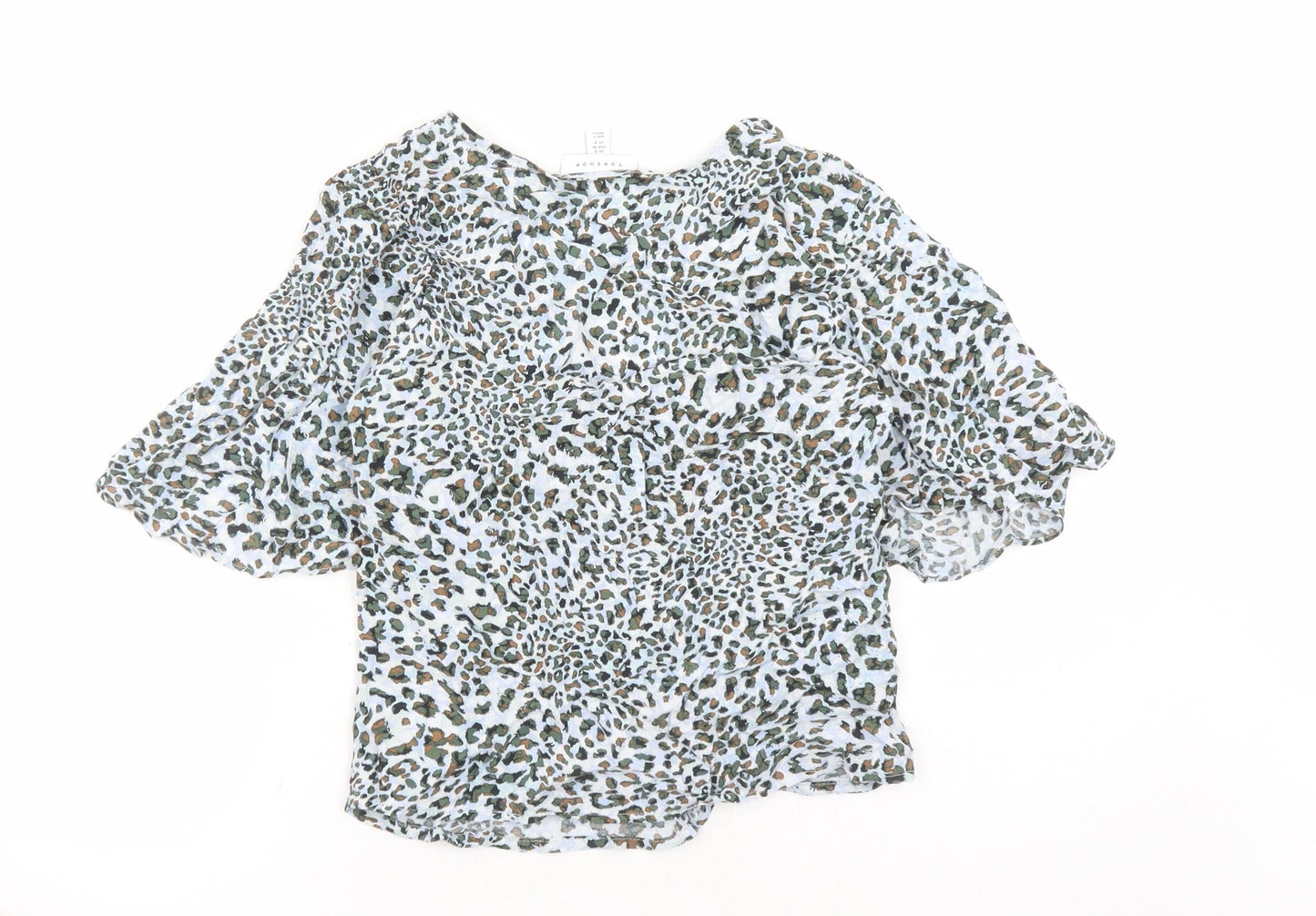 Topshop Womens Blue Animal Print Viscose Basic Button-Up Size 8 V-Neck - Leopard Pattern