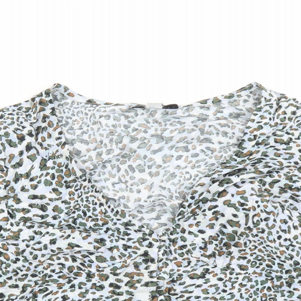 Topshop Womens Blue Animal Print Viscose Basic Button-Up Size 8 V-Neck - Leopard Pattern