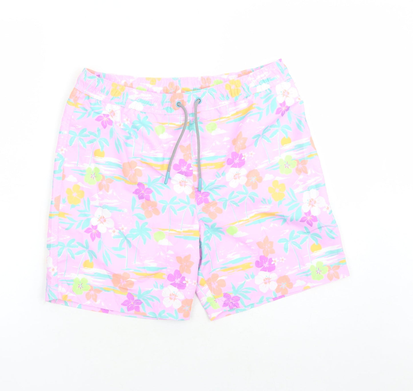 Marks and Spencer Boys Purple Floral Polyester Sweat Shorts Size 13-14 Years L7 in Regular Drawstring - Elasticated Waist Swim Shorts Pockets