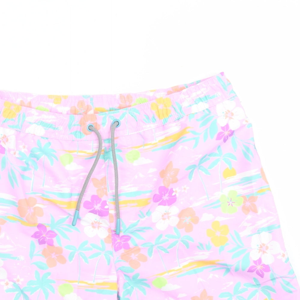 Marks and Spencer Boys Purple Floral Polyester Sweat Shorts Size 13-14 Years L7 in Regular Drawstring - Elasticated Waist Swim Shorts Pockets